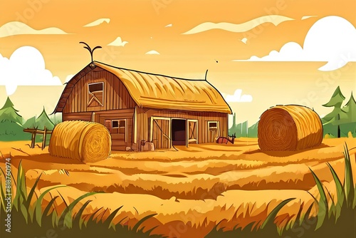 Farm-themed cartoon barn design featuring straw bales and hay piles.