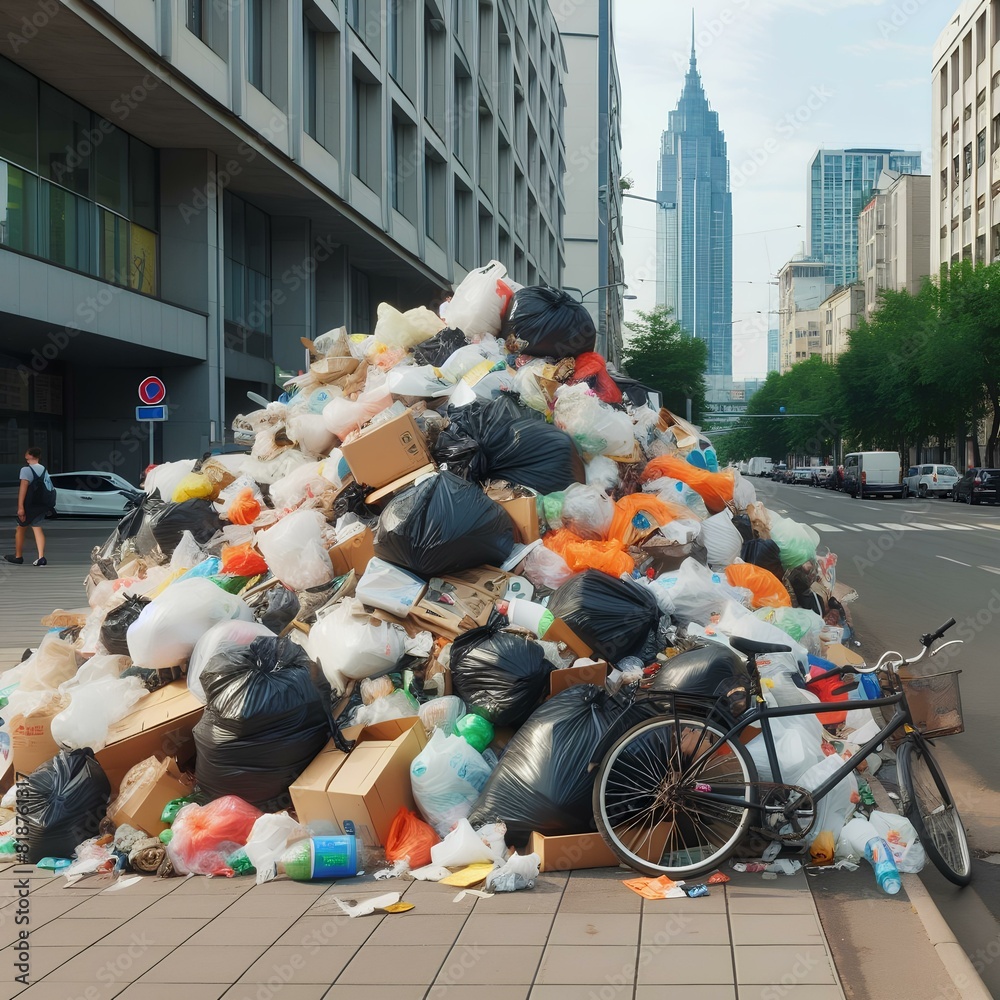 Obraz premium A pile of garbage sits atop a sidewalk in the city, creating an eyesore in the urban environment.