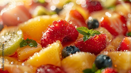 A close-up of a colorful fruit salad plate with fresh strawberries and other berries