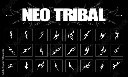 Neo tribal shape. Y2K sharp elements, abstract symmetrical design. Vector set