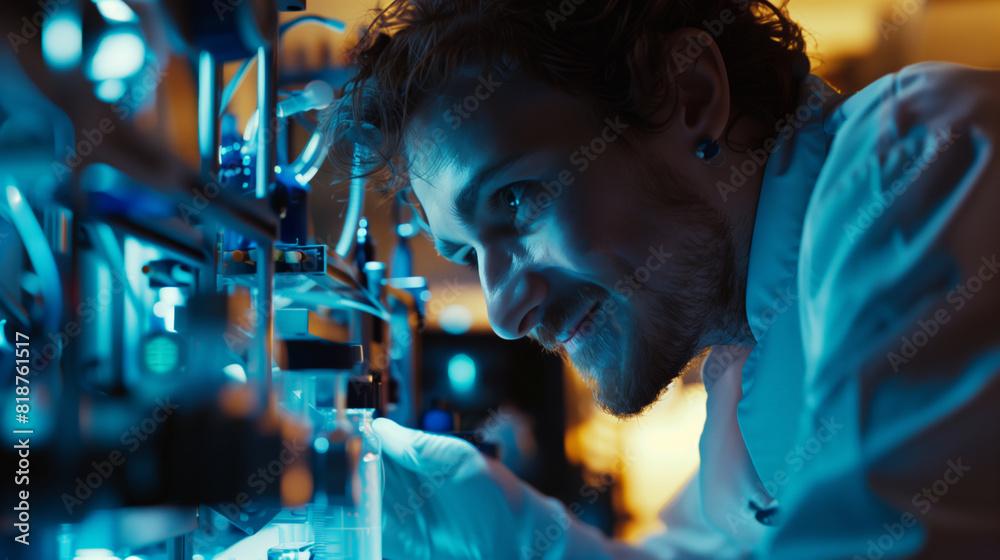 Male scientific researcher conducts an experiment. Work in a biolab. Concept of curiosity and excitement when a man explores something new Male scientific researcher conducts an experiment. Work in a biolab. Concept of curiosity and excitement when a man explores something new