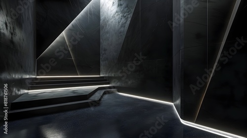 Captivating Dark Geometric Space with Sleek 3D Wall Design and Dramatic Lighting