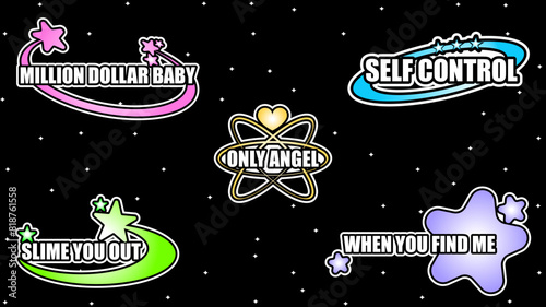 Retro Y2K sticker logo. Trendy abstract star shapes, universal objects for design, projects, posters, banners and business cards. Elements collection