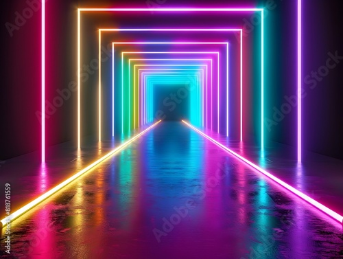 Captivating Neon Spectrum An Immersive 3D Rendered Corridor of Colorful Glowing Lights and Geometric Patterns