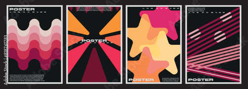 Collection of modern minimalistic, colorful, abstract posters with geometric shapes. Paper texture poster. Vector set