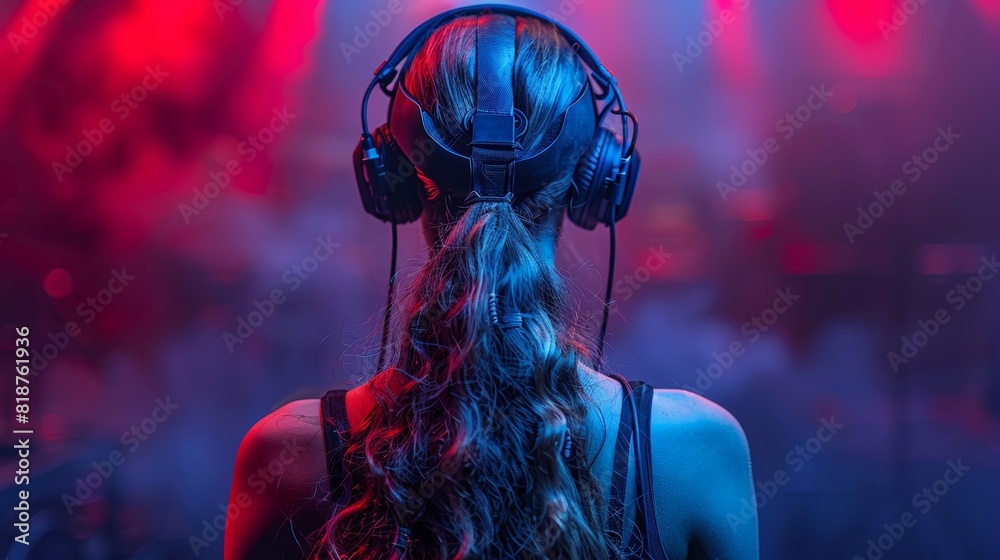 Back view of a focused gamer, who is anonymous, wearing headphones and playing a virtual car racing game using a realistic steering wheel. Bright colors. Back view of a focused gamer, who is anonymous, wearing headphones and playing a virtual car racing game using a realistic steering wheel. Bright colors.