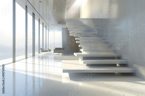 Floating staircase in a contemporary home, minimalist with invisible supports.