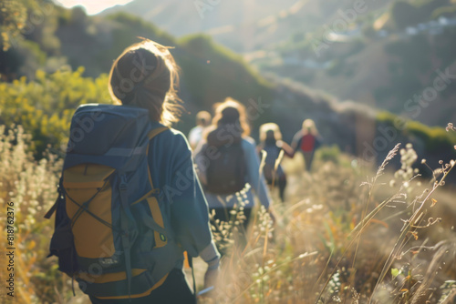 A group of people are hiking in the wilderness, with one person wearing a backpack. Scene is adventurous and outdoorsy photo