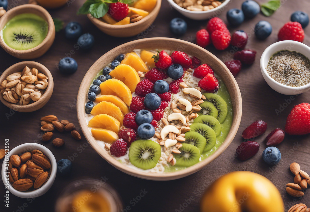 A vibrant smoothie bowl café, bowls filled with colorful fruits, nuts, and seeds, a visual and nutritional delight.
A vibrant smoothie bowl café, bowls filled with colorful fruits, nuts, and seeds, a visual and nutritional delight.