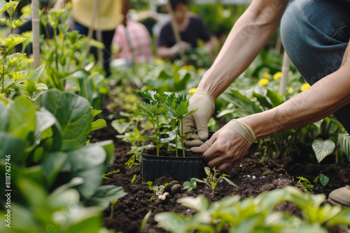A person is planting a seedling in a pot. The scene is outdoors and there are other people around