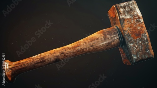 3D rendering of a rusty old hammer with a wooden handle on a dark background. photo