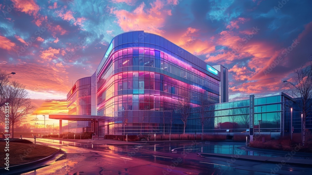 Fototapeta premium Sunrise Over a Lab Building A photorealistic image of a sunrise casting light on a modern lab building, representing a new era in healthcare