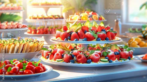 Bright and realistic illustration of a lavish catering setup featuring tiers of strawberries, colorful fruits, and an array of delightful appetizers