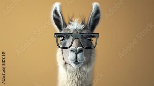 A llama wearing horn-rimmed glasses is looking at the camera with a curious expression. The llama is standing in front of a beige background.