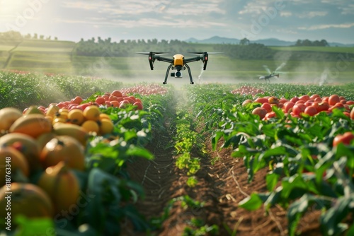 Smart farming with precision drone technology for crop management, utilizing agricultural technology for sustainable field care and farm development. photo