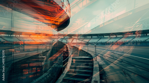 Double exposure combining the geometry of a quarter turn staircase with a classic racetrack s curves.