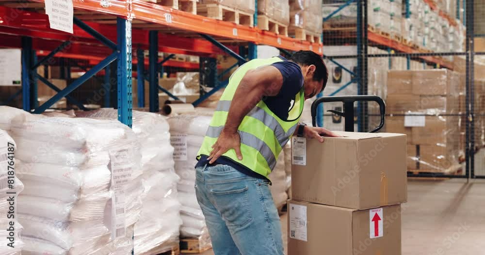 Man, logistics and warehouse with back pain of boxes, heavy lifting and manual handling for loading or packing. Person, strain and injury in factory for sorting for supply chain and distribution.