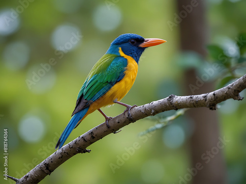 a colorful bird perched on a branch of a tree with leaves in the background and a blurry background behind it  with a blurry background of leaves and a green  with a  Birds Image  Birds Photo.