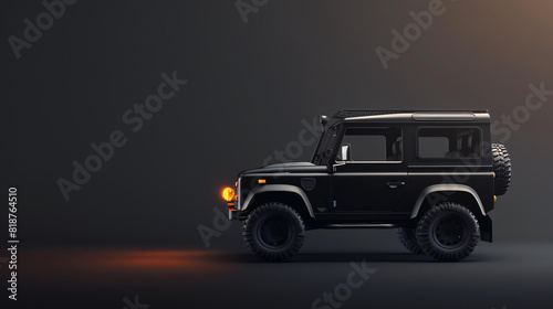 Black four-wheel drive car on a dark background. The car is lit by a single spotlight.