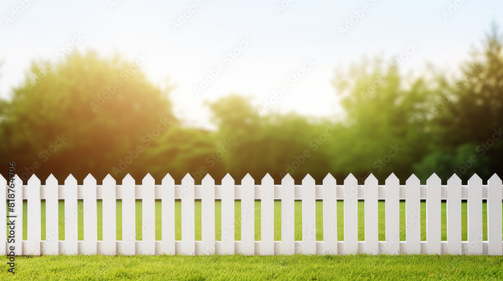 A white picket fence with a green background. The fence is empty and the grass is lush and green A white picket fence with a green background. The fence is empty and the grass is lush and green