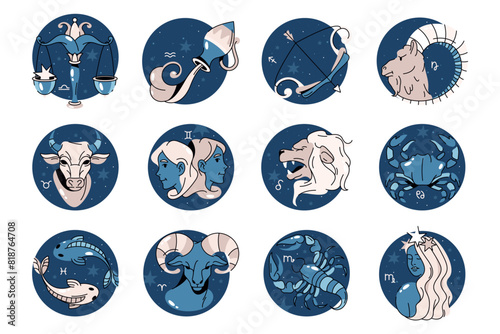 Set of astrology or zodiac sign. Ai file with editable lines. Pisces and libra, aquarius and sagittarius, aries and capricorn, cancer and gemini, scorpio and virgo, taurus and leo. Astronomy