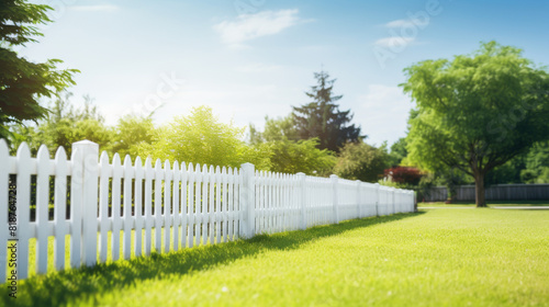A white picket fence with a green grassy lawn in the background. The scene is peaceful and serene, with the fence and grass creating a sense of calm photo