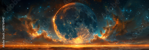 Crescent Moon on Beautiful Night Background R, Space wormhole nebula background or wallpaper design