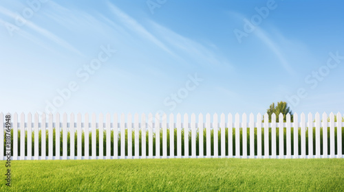A white picket fence with a blue sky in the background