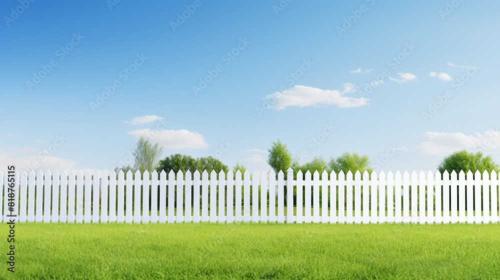 A white picket fence with a blue sky in the background A white picket fence with a blue sky in the background