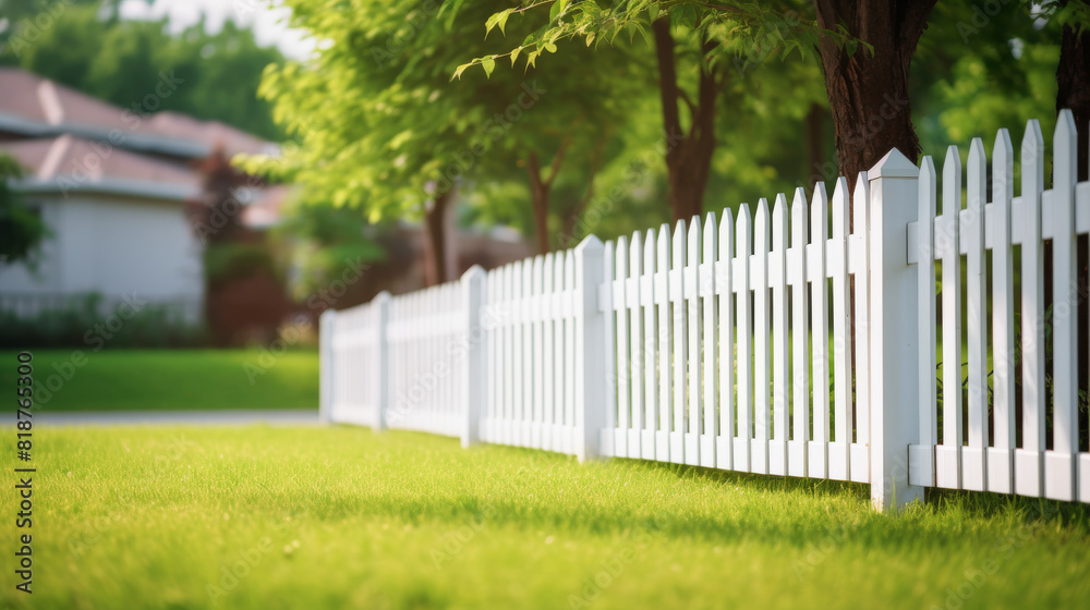 A white picket fence with a green background. The fence is in front of a house A white picket fence with a green background. The fence is in front of a house