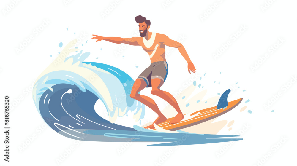 Smiling guy standing on surfboard ride at wave vector