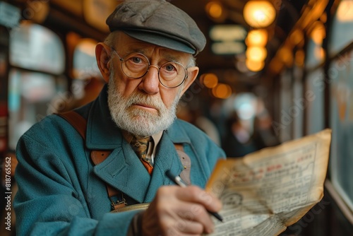 An antique ticket conductor meticulously punching tickets for passengers in a vintage railcar filled with Victorian-era charm photo