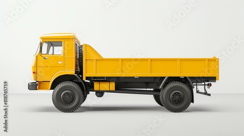 A yellow dump truck is parked on a white background. The truck is in focus and the background is blurred.