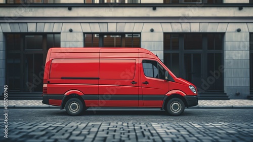 A red van is parked on a city street. The van is clean and new-looking. It has a white background with no writing or logos on it. photo