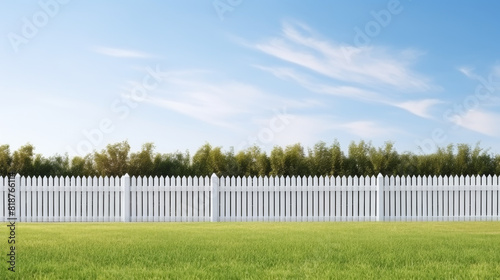 A white picket fence with a green hedge on the right side. The fence is empty and the sky is blue