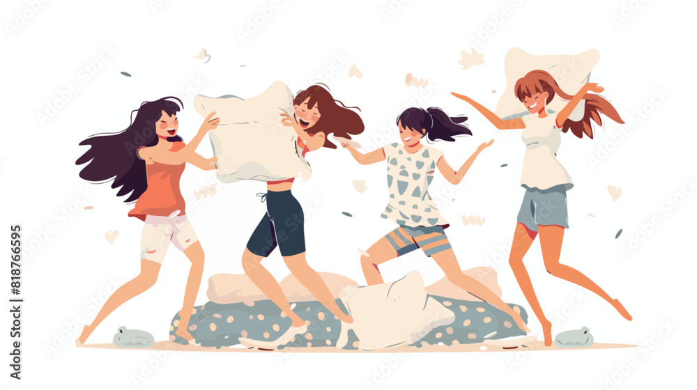 Adorable woman friends playing pillow fight on bed vector