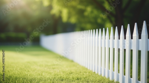 A white picket fence with green grass in the background. The fence is tall and has a lot of white posts photo