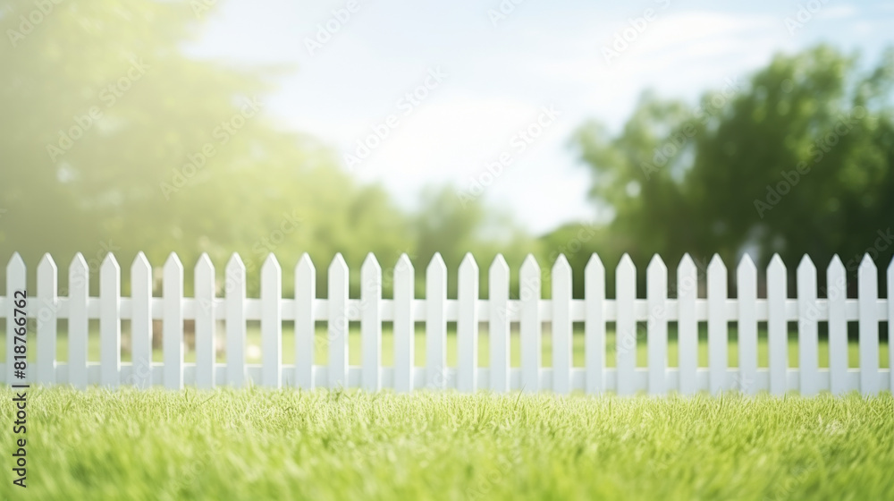 A white picket fence with a green background