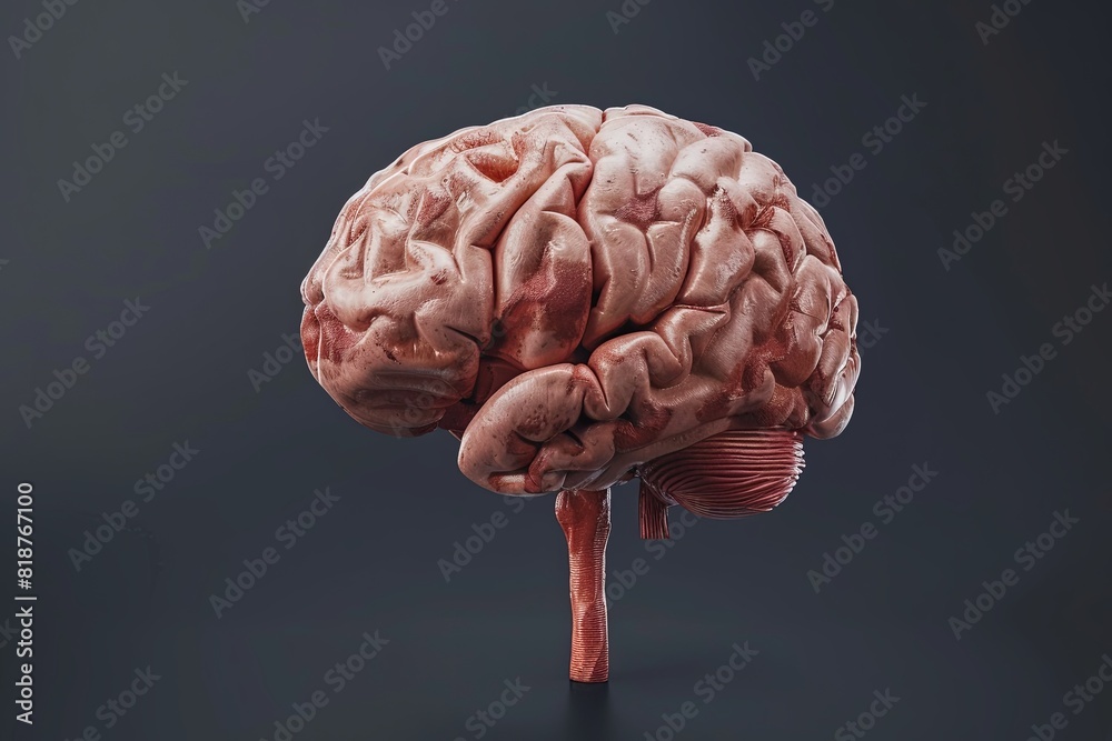 A detailed model of a human brain placed on a dark black background, showcasing the intricate structure and complexity of the human brain. Generative AI A detailed model of a human brain placed on a dark black background, showcasing the intricate structure and complexity of the human brain. Generative AI