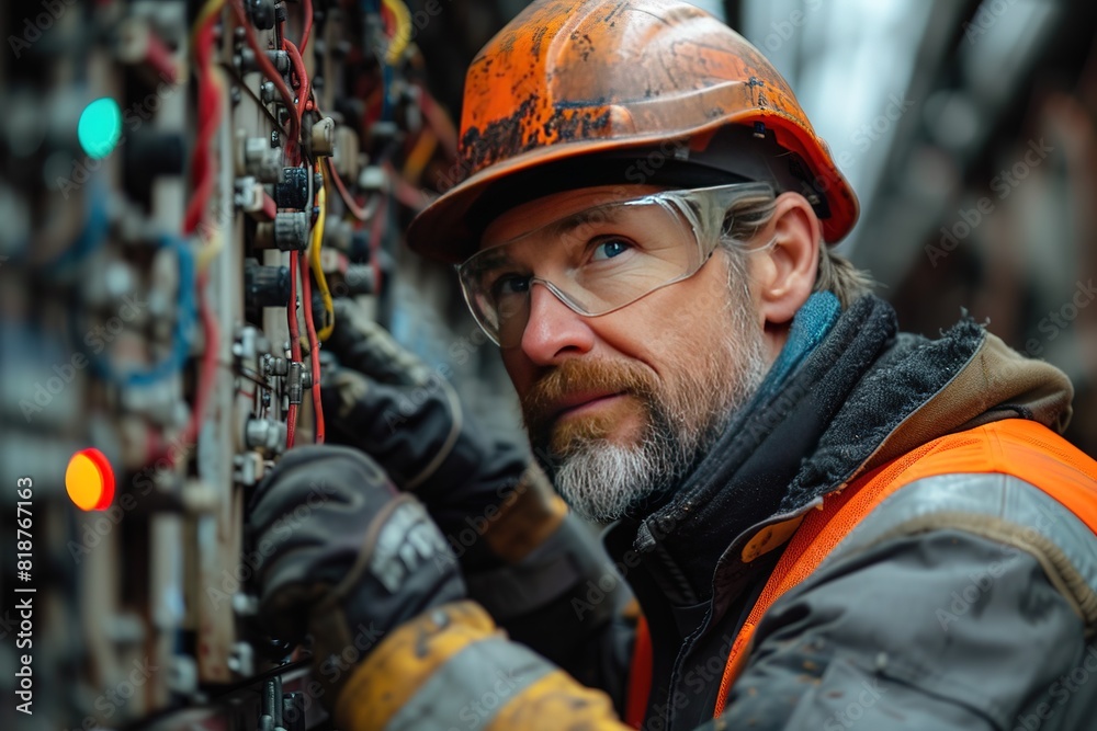 Fototapeta premium Railroad Signal Maintenance Team Maintenance team working on signal equipment, showcasing teamwork in the rail industry