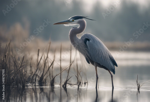 A watchful heron standing still at the water's edge in a misty marshland  © abu