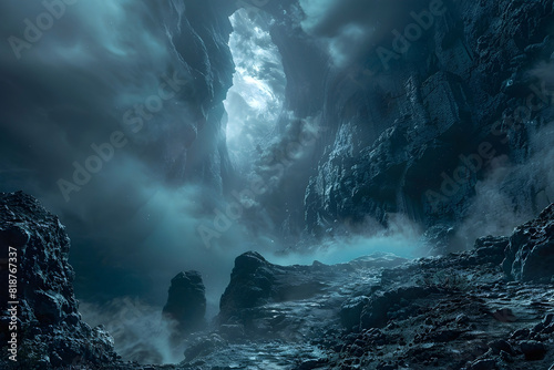 Venture into the Enigmatic Depths of Hades' Cryptic Underworld Landscape,Shrouded in Ethereal Gloom and Primal Mystery