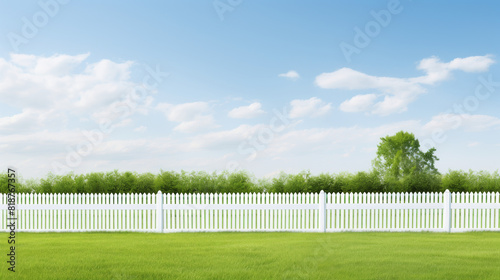 A white picket fence with a tree in the background. The fence is surrounded by a lush green field