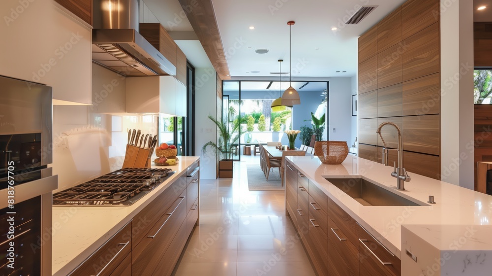 Modern Kitchen Interior with White Marble, Wood Accents