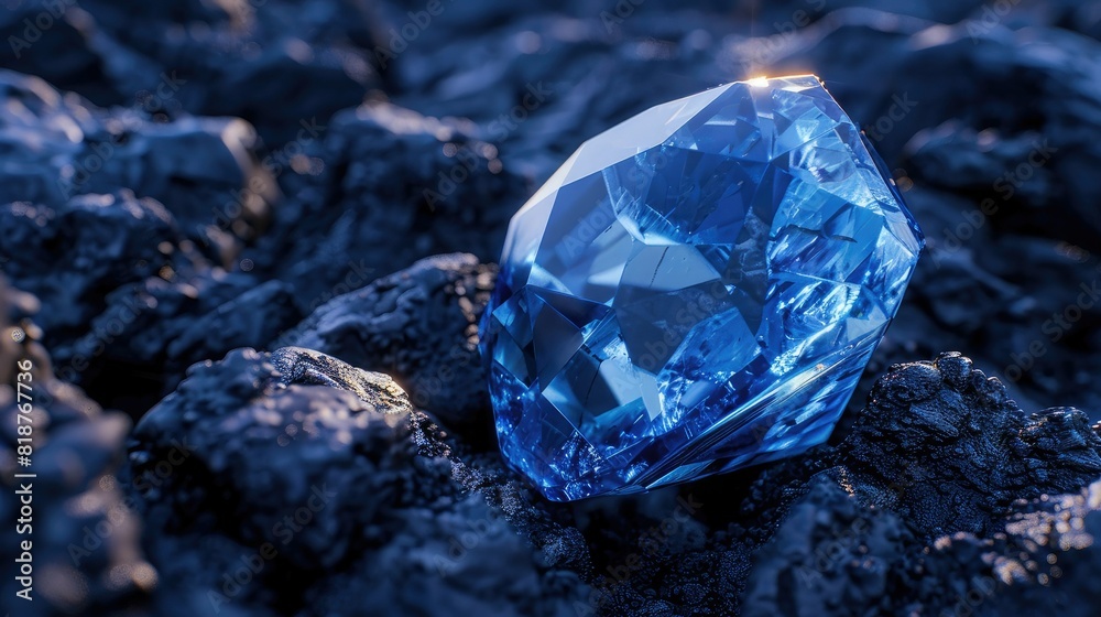 Blue diamond on black stones, dark background, sparkling diamond. A large round shaped diamond surrounded by smaller shapes creates an overall feeling of luxury and richness. Blue diamond on black stones, dark background, sparkling diamond. A large round shaped diamond surrounded by smaller shapes creates an overall feeling of luxury and richness.