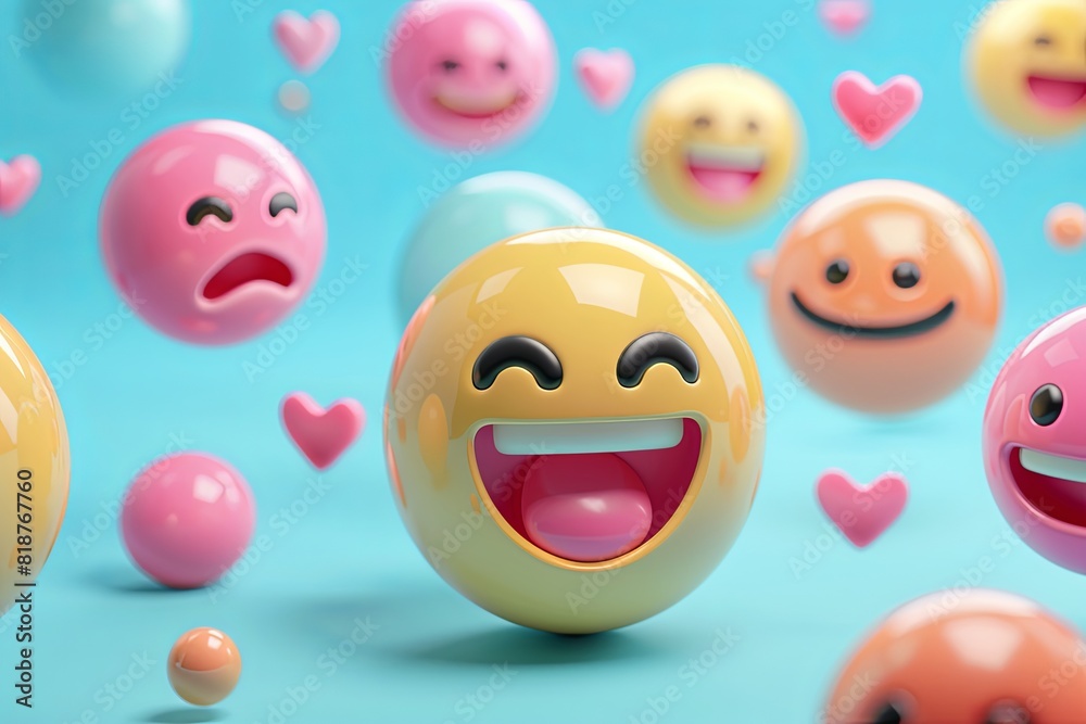 Fototapeta premium A group of smiley faces surrounded by hearts, expressing joy and love in a colorful setting. Generative AI