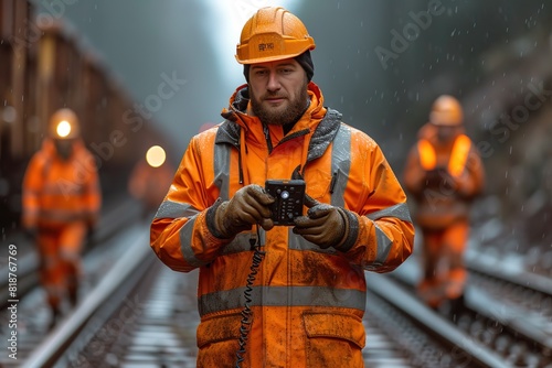 Railroad Track Maintenance Inspection Handheld Device Workers using handheld devices for on-the-spot track inspection, showcasing technological advancements © Create image