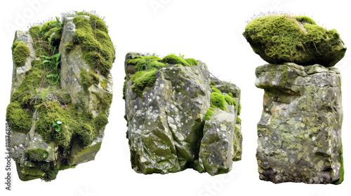 Three large rocks with moss growing on them. The moss gives the rocks a natural and organic appearance