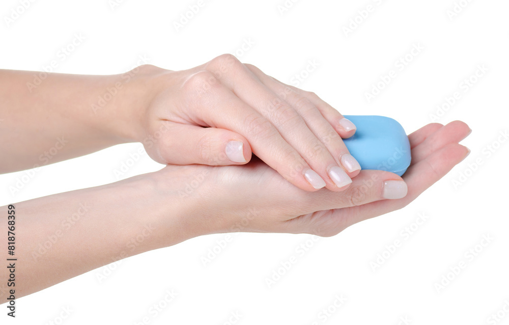 Blue soap in hand on white background isolation Blue soap in hand on white background isolation