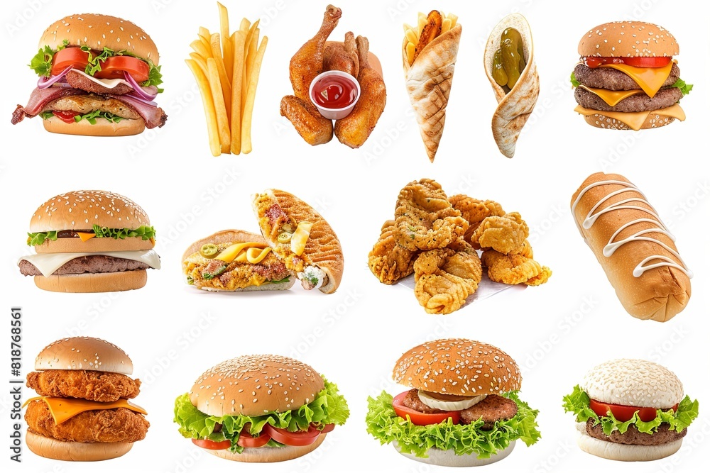 A diverse assortment of food items such as fruits, vegetables, meats, and baked goods displayed on a clean white background. Generative AI A diverse assortment of food items such as fruits, vegetables, meats, and baked goods displayed on a clean white background. Generative AI